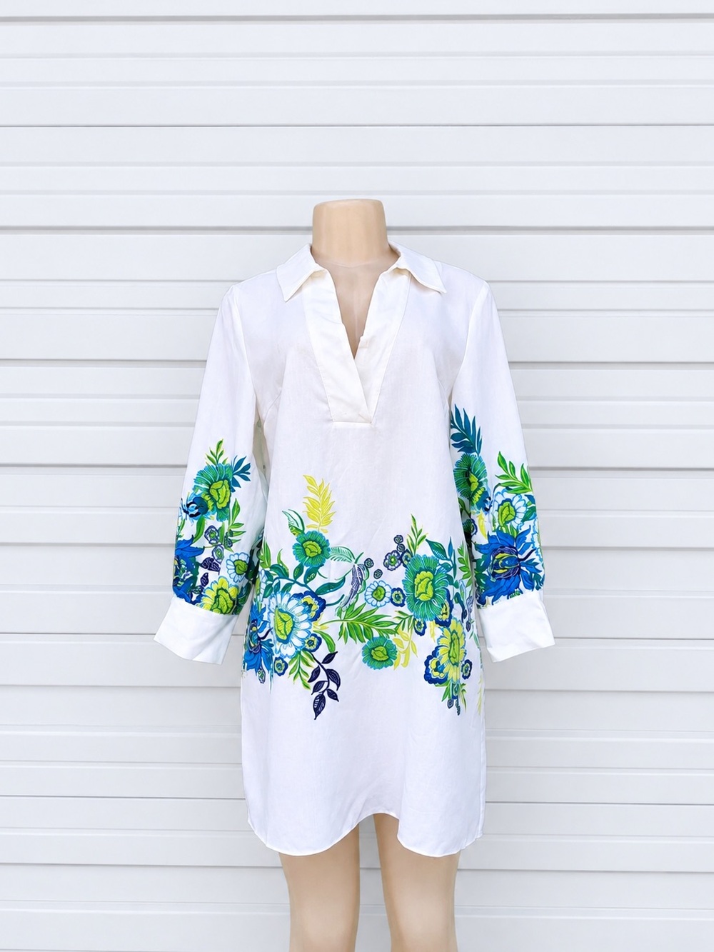 Zara Floral Tunic Cover-Up with Blue & Green Print